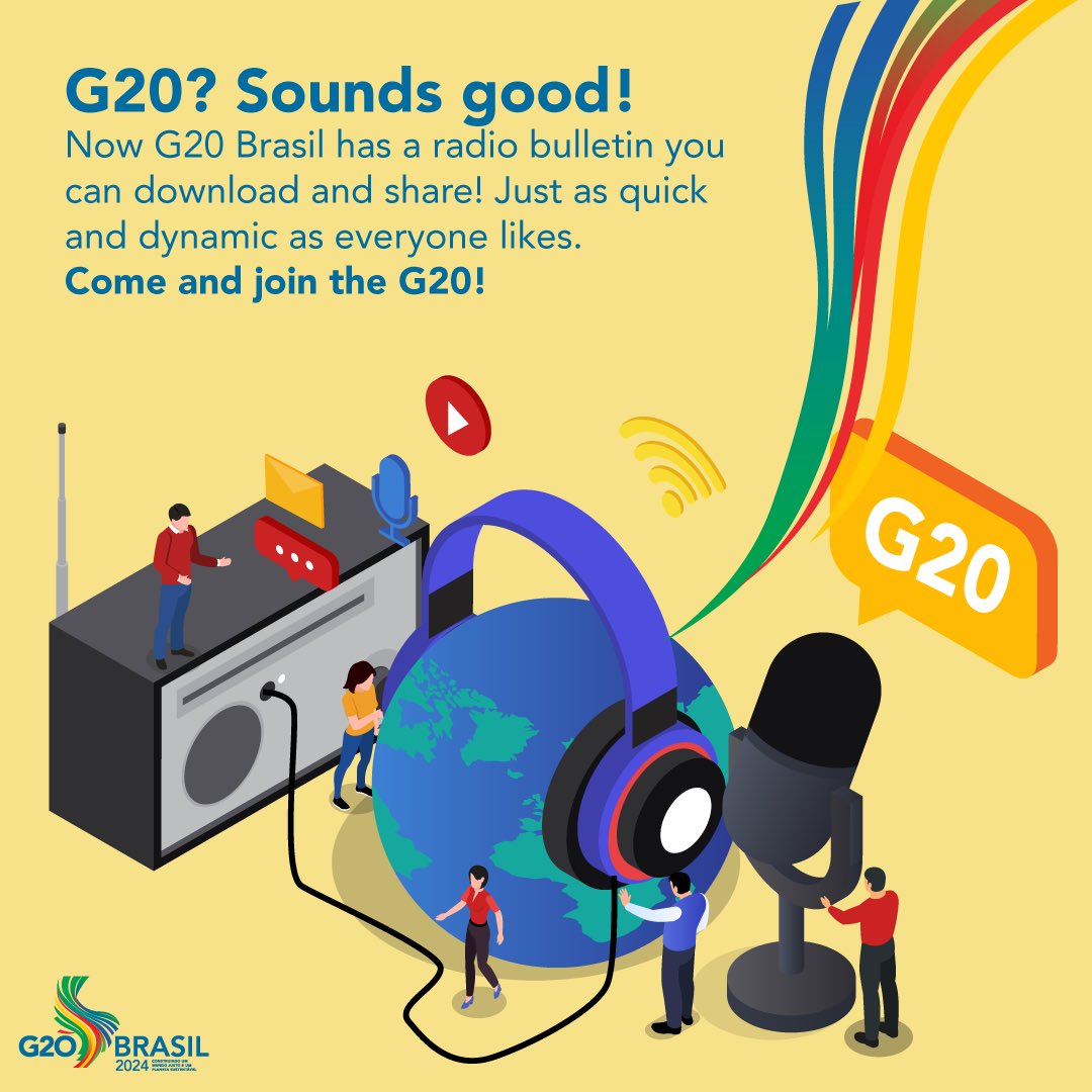 G20 Brasil and EBC's National Radio Network are joining forces to bring you the G20 Bulletin. Radio stations across the country can now download daily audio bulletins summarizing the main G20 news. Visit redenacionalderadio.ebc.com.br and g20.org