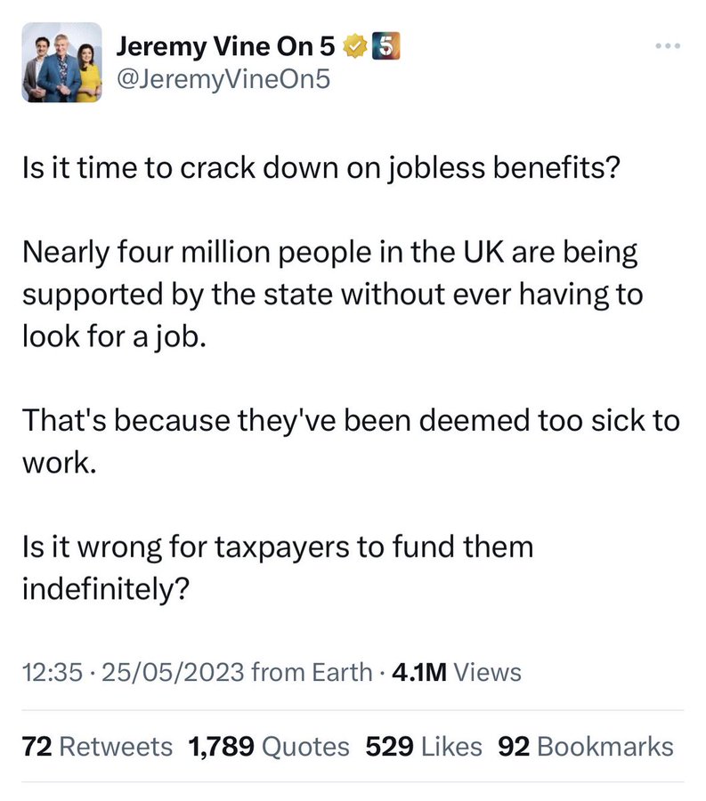 Jeremy Vine is Jeremy Vile, he posted this then deleted it.    

He must be ashamed of the fact that encouraging hate for sick and disabled people went down so badly.      

Don‘t let him escape so easily.