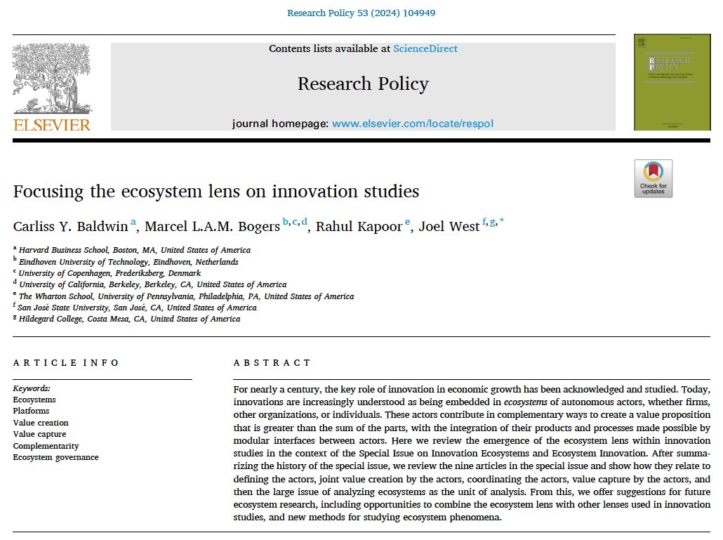 New publication “Focusing the ecosystem lens on innovation studies” (w/ Carliss Baldwin, Rahul Kapoor & Joel West) with framework for ecosystems research: doi.org/https://doi.or… Also intro to special issue “Innovation Ecosystems and Ecosystem Innovation”: sciencedirect.com/journal/resear…