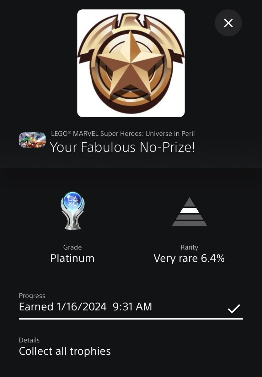 Platinum 281 - Lego Marvel:

Can't go wrong with Lego games. This one took 15-20 hours on the Vita. 🦹‍♂️

#platinum #playstationtrophy #trophyhunter #vitaisland #psvita #ps5share