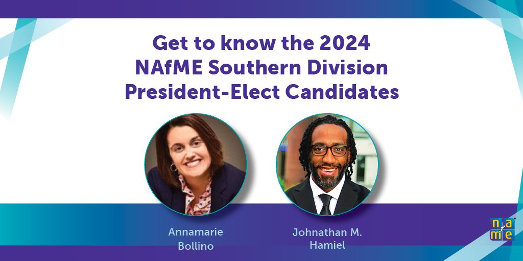 NAfME members in the Southern Division (AL, FL, GA, KY, LA, MS, NC, SC, TN, VA, WV) get to know the candidates for 2024-2026 Division President-Elect: Annamarie Bollino bit.ly/AnnamarieBolli… &amp; Johnathan M. Hamiel bit.ly/JohnathanMHami…. Vote by Feb. 8: bit.ly/2024NAfMEElect…