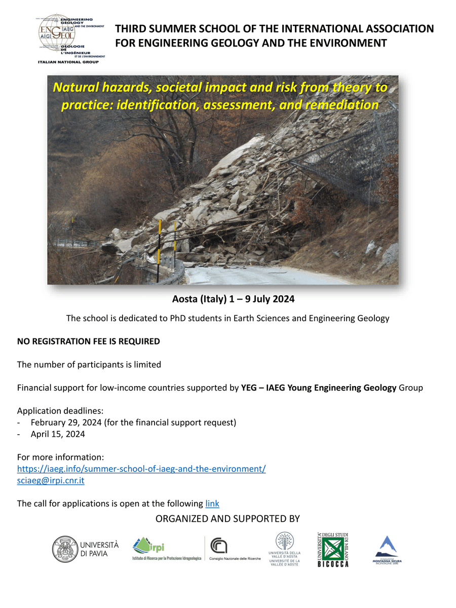 IAEG_AIGI's tweet photo. 📢 IAEG Summer School 2024!
Topic: Natural hazards, societal impact and risk from theory to
practice: identification, assessment, and remediation
✅ Aosta (Italy)
📅 1-9 July 2024
NO REGISTRATION FEE IS REQUIRED
Financial support by YEG
https://t.co/113IM6bzya https://t.co/6KY5RWAX9H