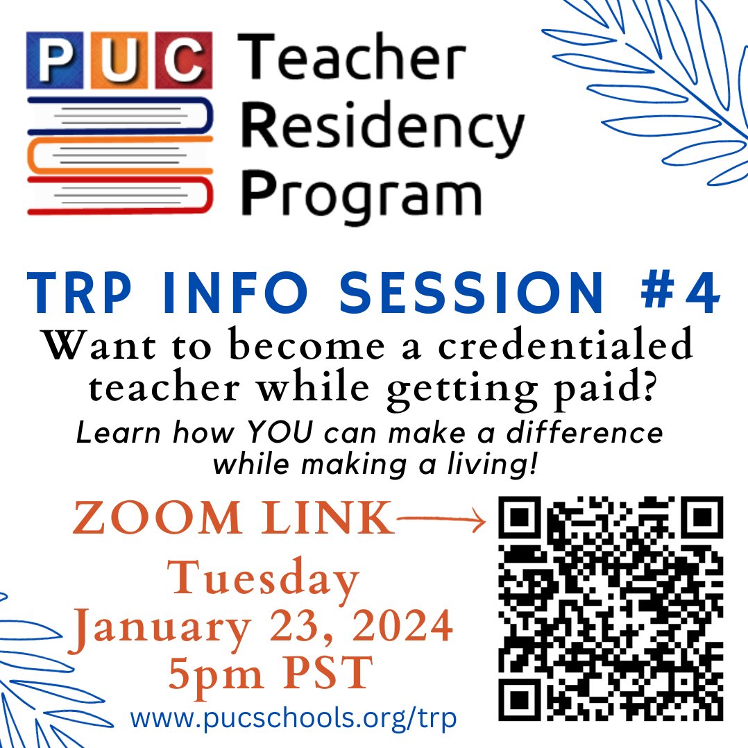 puctrp's tweet photo. JOIN US to learn how YOU can earn a living by making living better for kids in your community! Click QR code or visit our website for the Zoom link. LIVE TUESDAY JAN 23 @ 5PM PST. #teachersoftwitter #mentorship # https://t.co/FJ7WGfaVDj