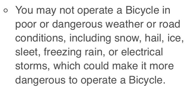 The CitiBike rental agreement clearly states the bicycles should not be used in this weather.