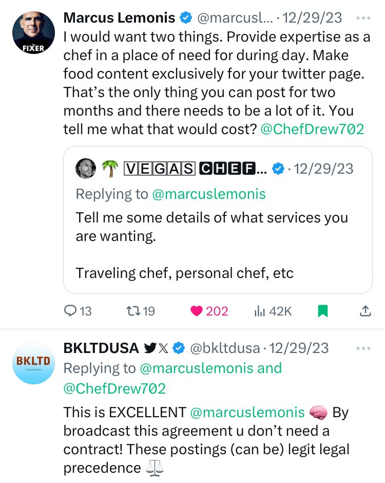 creativemf's tweet photo. @marcuslemonis @ChefDrew702 Amasing, SMART way to use public social media threads as de facto legal contracts💡Agile thinking by @marcuslemonis ⚖️📈 #CapitalWorks 🔥 #deployment #bizdev https://t.co/bx9cpQy6Jy