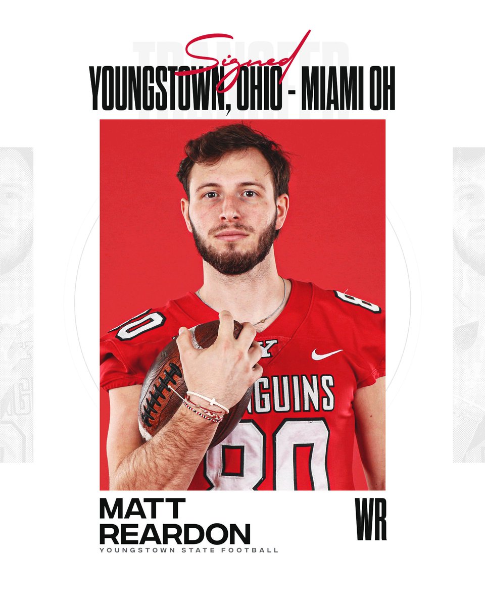 ysufootball's tweet photo. 🚨 ROSTER ADDITION 🚨

We're excited to announce that Matt Reardon has joined our program! 🐧🏈

Matt Reardon
Wide Receiver
6-1, 180
Youngstown, Ohio
Previous School: Miami (Ohio)

#GoGuins https://t.co/9tReCVQl6e
