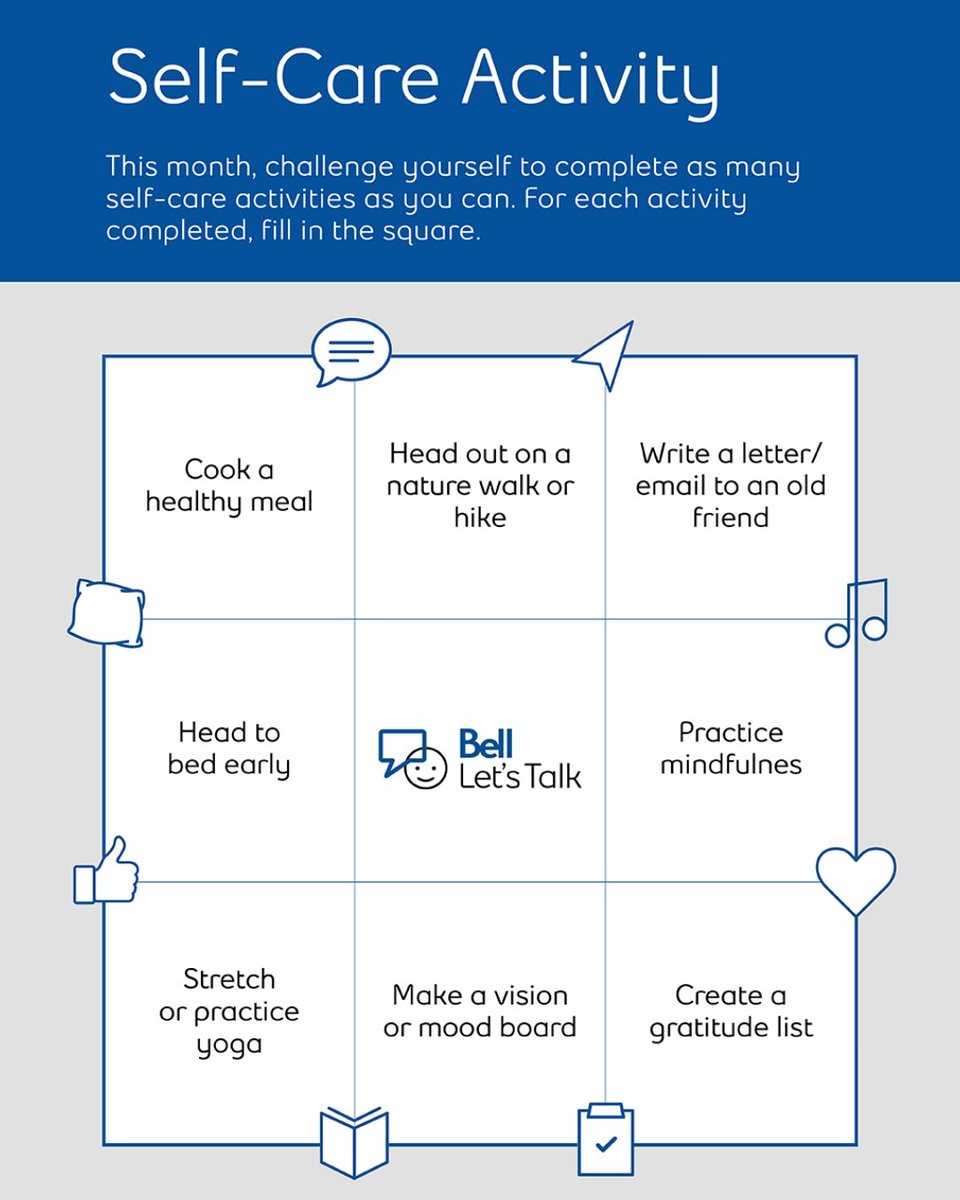 GHC_SSM's tweet photo. #BellLetsTalk is just around the corner, and we want to remind you that self-care is extremely important and can help you manage stress, lower your risk of illness, and increase your energy. What self-care activities will you be doing today? @Bell_LetsTalk https://t.co/zDR4JfJcp7