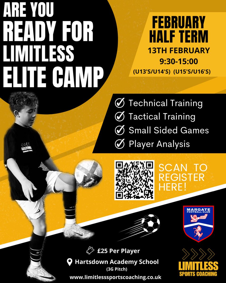 limitless__SC's tweet photo. Are you ready for Limitless Elite Camp!⚽

This February half term, we will be running an Elite Camp for U13's-U14's and U15’s-U16’s for just one day only.

📆Tuesday 13th February 9:30-15:00
📍Hartsdown Academy School (3G Pitch) https://t.co/up8D3npME5