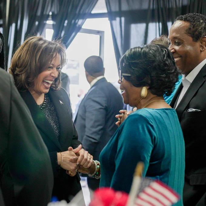 Vice President Kamala Harris speaks with supporters at Big T’s Bar-B-Que in South Carolina.