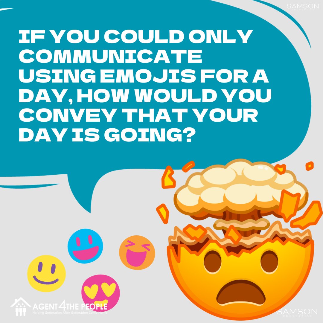 Hey, imagine this: if you were stuck using only emojis to talk for a whole day, how would you show everyone how your day's been? 🤔😅

#TuesdayTrivia #AnswerChallenge #comment #Agent4ThePeople #jenniferdorn #jeremiahdorn #yourvirginiarealtor #localrealtor #A4TPT