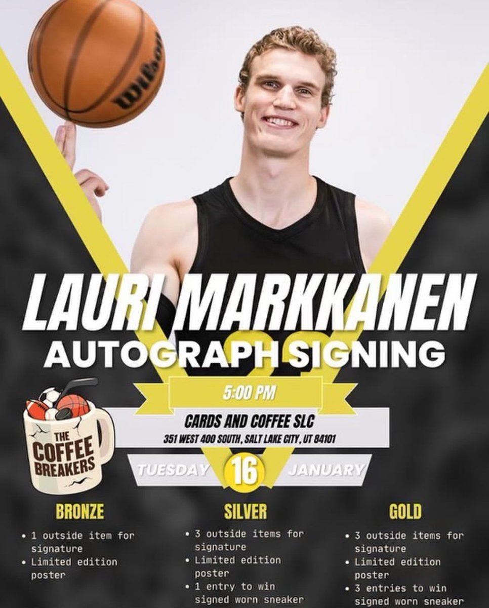 JazzNationNews's tweet photo. REMINDER …. meet Utah Jazz all-star & NBA Western Conference Player of the Week @MarkkanenLauri TODAY!!!

Meet Lauri at The Coffee Breakers SLC location

Info on event & buy tickets 👉 https://t.co/QVmXNa4WQ3

.
.
#JazzNation #UtahJazz #TakeNote
#GoJazz #LauriMarkkanen #NBA
@mike_sig