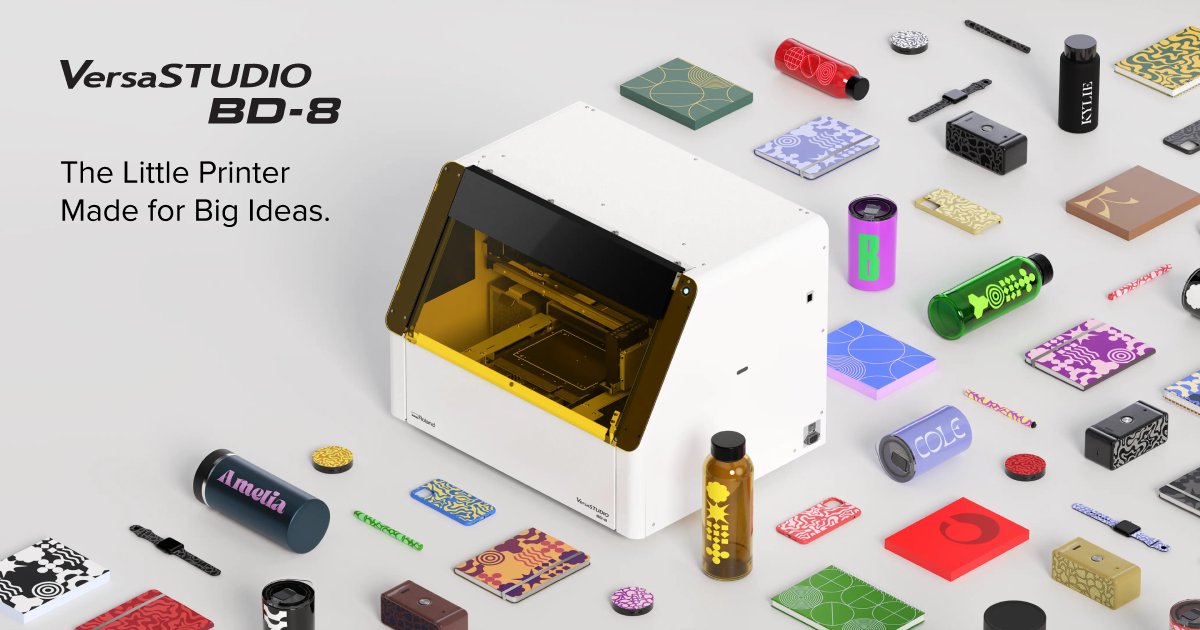 RolandDGA's tweet photo. Introducing the NEW VersaSTUDIO BD-8 desktop UV flatbed printer! Meet the little printer made for BIG ideas.
The new VersaSTUDIO BD-8 makes it quick and easy for anyone — even  those with no prior experience — to print vibrant and detailed graphics  on a wide range of objects. https://t.co/u0swSb8loF