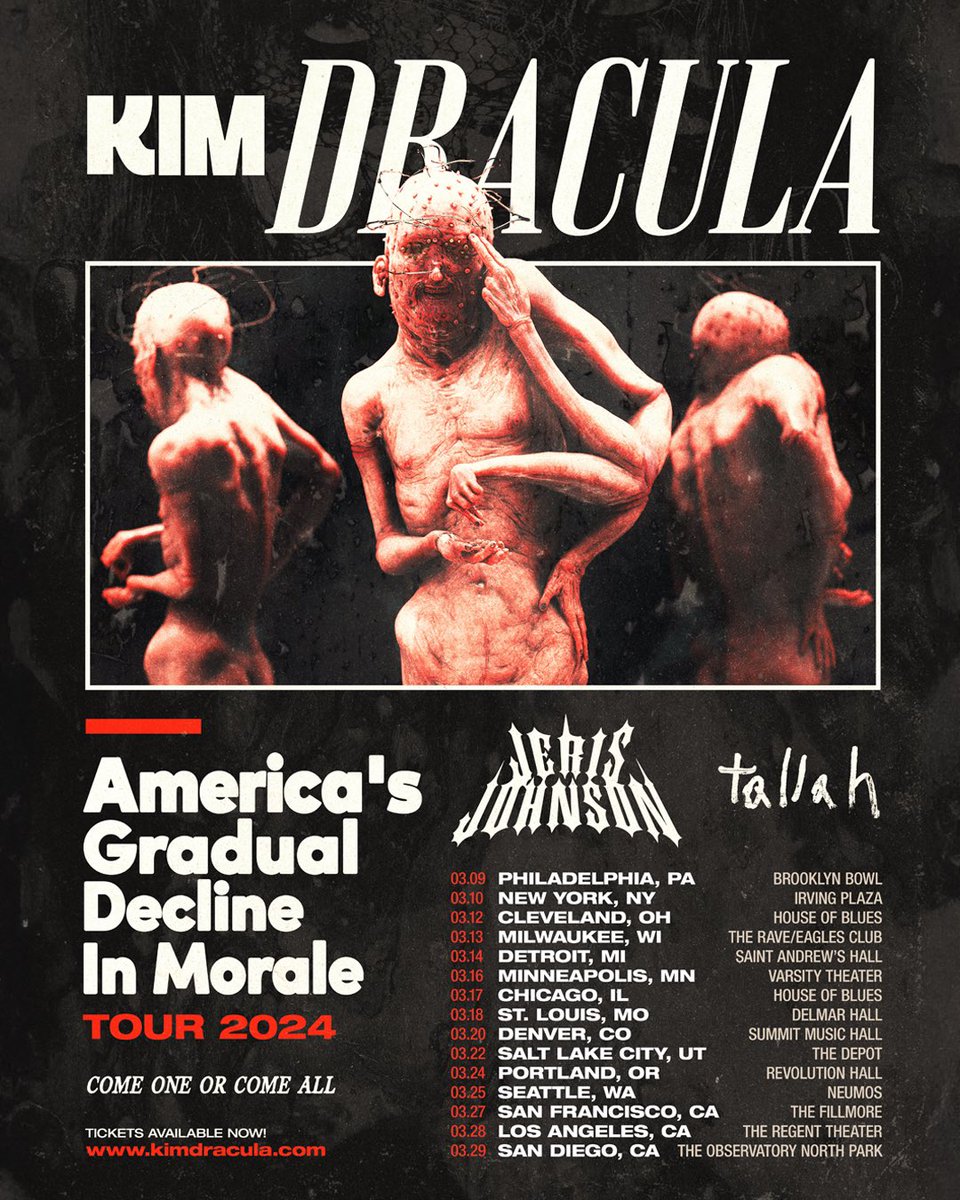 It’s happening. America’s Gradual Decline In Morale Tour 2024. You will see us like never before, with special guests @killjerisj and @tallah__ coming along for the ride. Tickets go on sale Friday 10AM local time on the official Kim Dracula website. Ticket pre-sale begins today,…