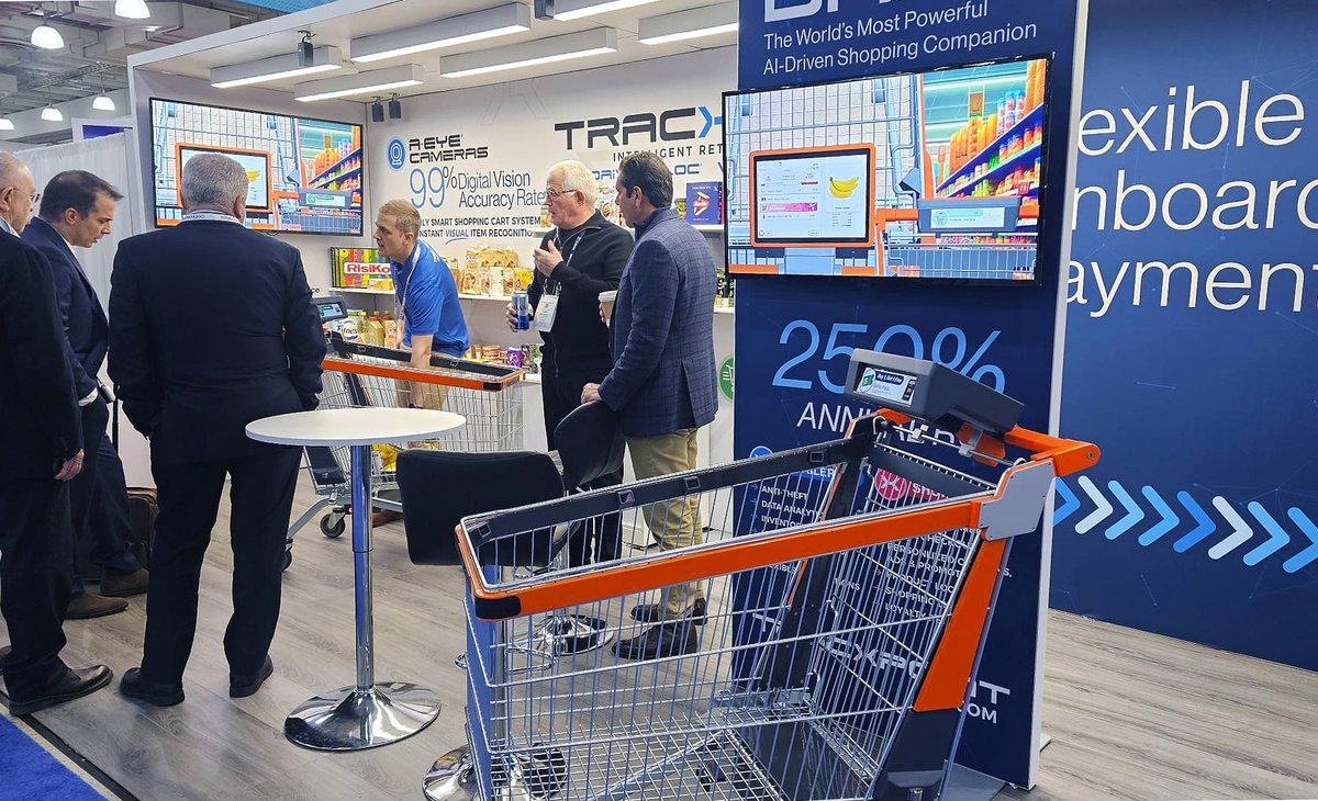 tracxpoint's tweet photo. During a demonstration, the TV monitors display what the shopper is seeing on the Main Display and the Basket Facing display  – #Daivi is the only #smartcart with 2 displays 😁  Why 2? Because it makes sense ☝️🤓
#nrf2024 #groceryretail #ai #smartcart https://t.co/wtaZrf3ltk