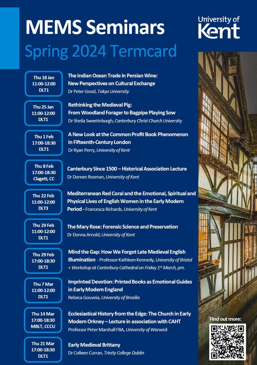 Good afternoon #twitterstorians, #medievaltwitter and #earlymoderntwitter! 

We have just released our termcard and we are excited to share with you all of our wonderful #MemsSeminars! 

👉More info on: research.kent.ac.uk/medieval-early…