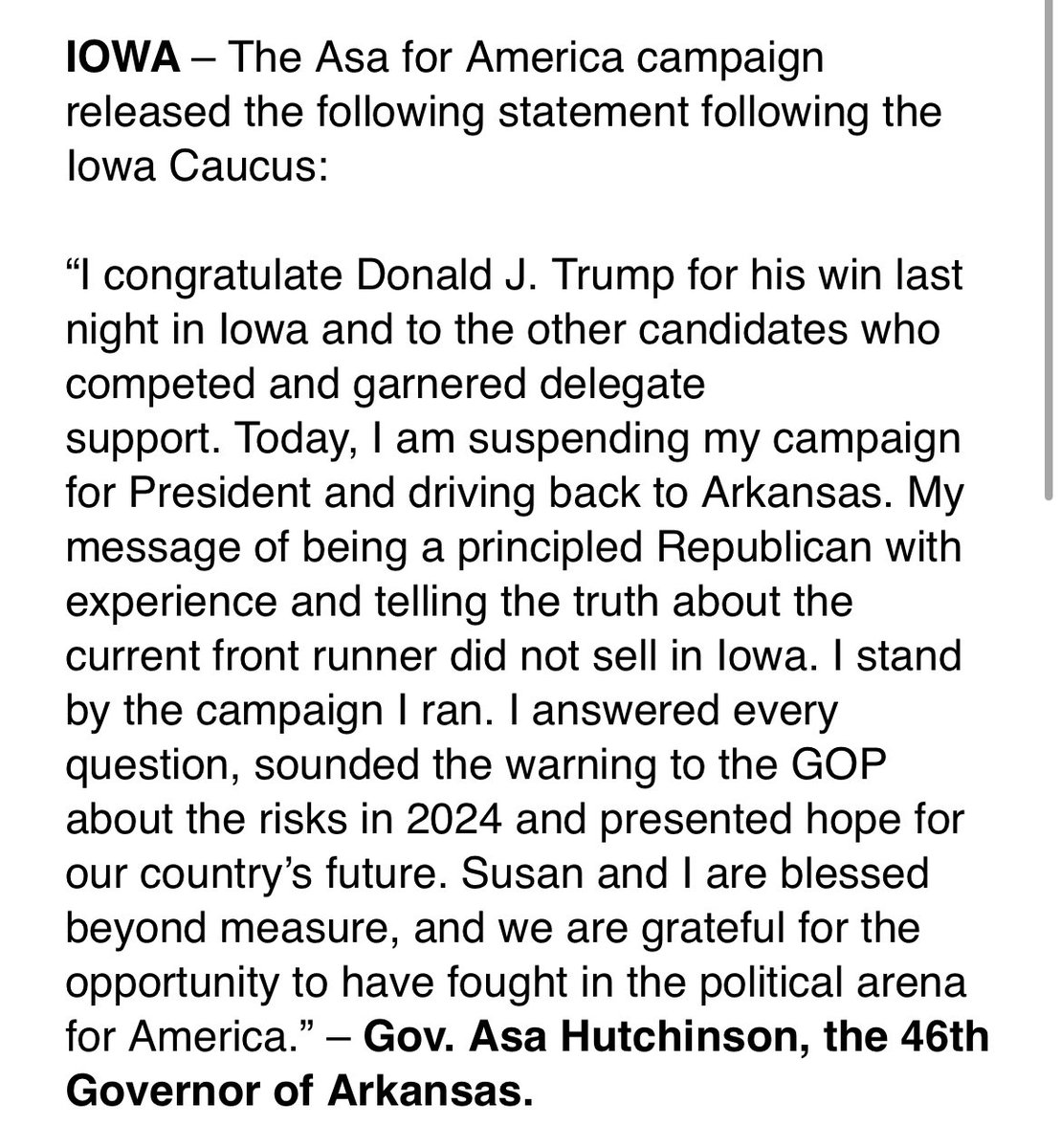 GregYarbrough's tweet photo. .@AsaHutchinson is suspending his campaign for president after he didn’t pick up any delegates in last night’s Iowa Caucus #ARnews #ARpx https://t.co/mASGA75yjM