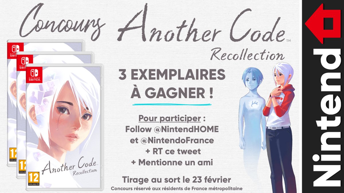 🎁 Concours – La série culte est de retour sur Nintendo Switch. Tentez de gagner un des trois exemplaires d’#AnotherCodeRecollection mis en jeu !

Pour participer :
▶️ Follow <a href="/NintendHOME/">NintendHOME – News & Opinions Nintendo</a> &amp; <a href="/NintendoFrance/">Nintendo France</a>
🔄 RT ce tweet
👤 Tag un ami en commentaire
📅 Tirage au sort le 23/02