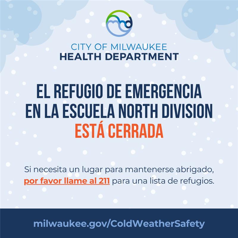 MKEhealth's tweet photo. El refugio de emergencia en la escuela North Division esta cerrada. Las personas que utilizaban el refugio fueron transportadas a otros centros de calentamiento y refugios. (1/2) https://t.co/xLSbAo6Xp2