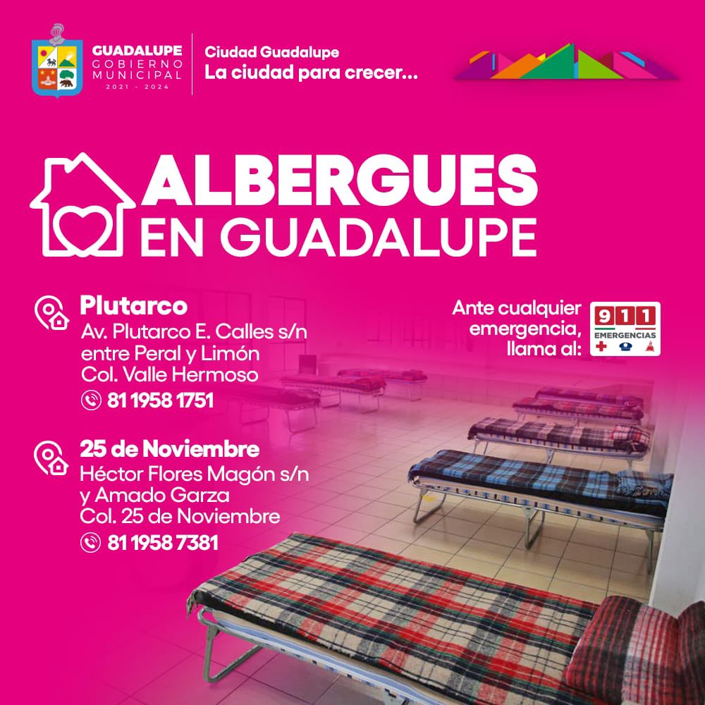 municipiodegpe's tweet image. En el Municipio de #GuadalupeNL contamos con dos #albergues habilitados para personas en situación de calle o cualquier ciudadano que requiera resguardo de las bajas temperaturas.
Si identificas a una persona que requiera de este apoyo, marca al número de @PCGPE 
☎️ 81 1771 8801