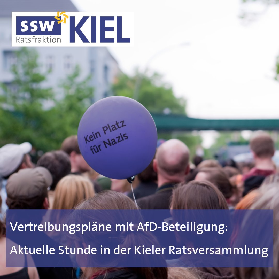 Vertreibungspläne mit AfD-Beteiligung: Aktuelle Stunde in der Kieler Ratsversammlung
Die demokratischen Fraktionen der Kieler Kommunalpolitik müssen sich in einer Aktuellen Stunde damit auseinandersetzen, wie sie dieser Herausforderung begegnen werden.
ssw-ratsfraktion-kiel.de/vertreibungspl…