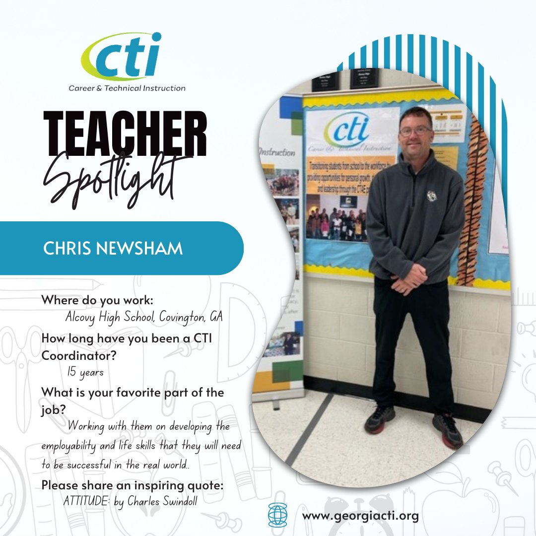 🍎 Teacher Spotlight: Meet Mr. Christopher Newsham 🍎
Since the opening of Alcovy High School in 2006, Chris has dedicated 15 years as a CTI Coordinator, shaping the futures of students in Covington, Georgia. 🌟 #TeacherSpotlight #GeorgiaCTI #CTICoordinators #InspiringEducation