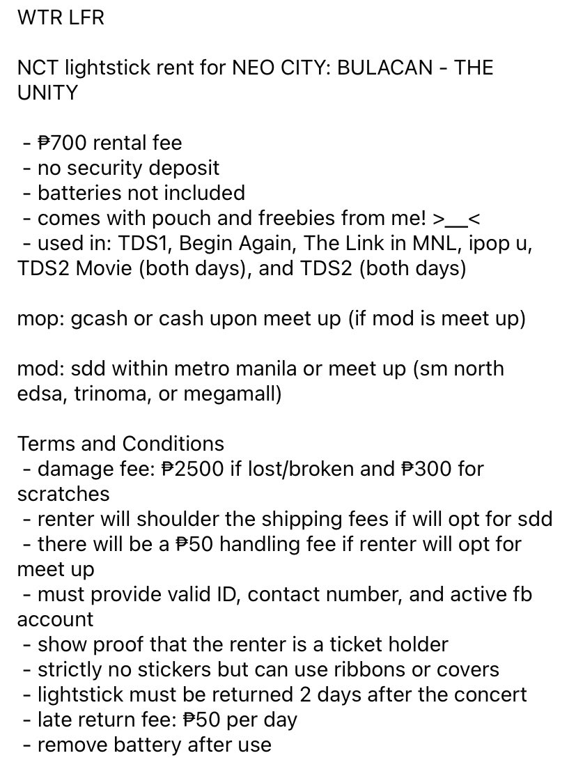 chanminsungbin's tweet photo. WTR LFR PH

NCT 127 lightstick rent for NEO CITY: BULACAN - THE UNITY

 - ₱700 rental fee
 - no security deposit
 - batteries not included
 - comes with pouch and freebies from me! >__<

kindly check first pic for further details

tags: ls neobong concert philippine stadium https://t.co/FdPnAhIRw7