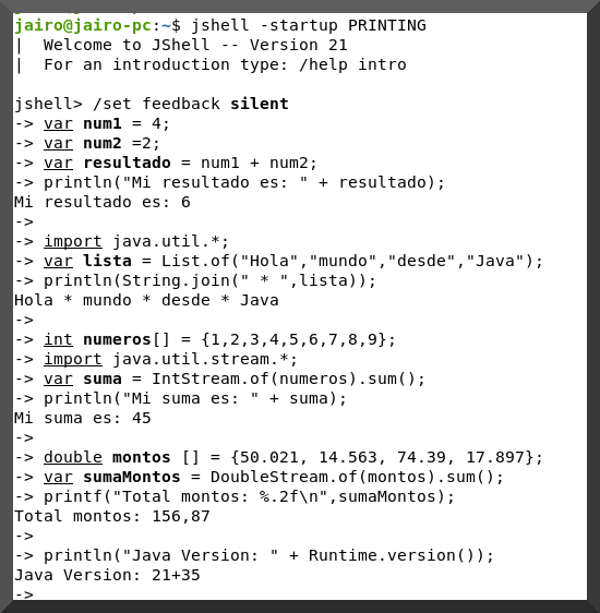 jgrateron's tweet photo. @esvdev Para empezar #java puedes usar #jshell

Desde el terminal o PowerShell ejecutas
jshell -startup PRINTING https://t.co/WZutK37j1U