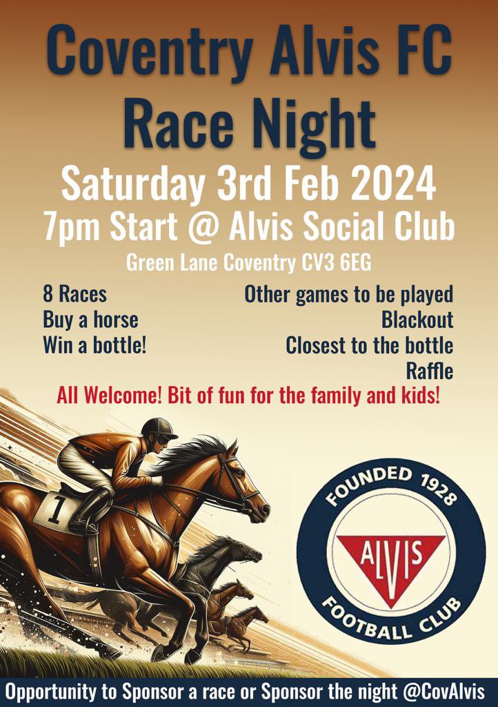 CovAlvis's tweet photo. Fancy getting involved ? Message us for any more info, everyone more than welcome to come and join us on 3rd feb for our race night 💙⚽️ https://t.co/yzWVE0LQce