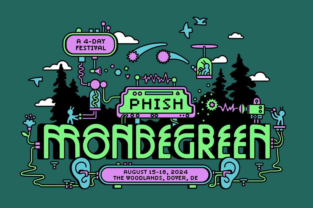 phish's tweet image. We’re excited to announce Mondegreen, a 4-day Phish festival, set for this August 15-18 at The Woodlands in Dover, Delaware. For complete details visit phish.com/mondegreen

Travel packages go on sale Thurs at 11AM ET. Weekend passes go on sale Fri at 11AM ET. More details 🔽