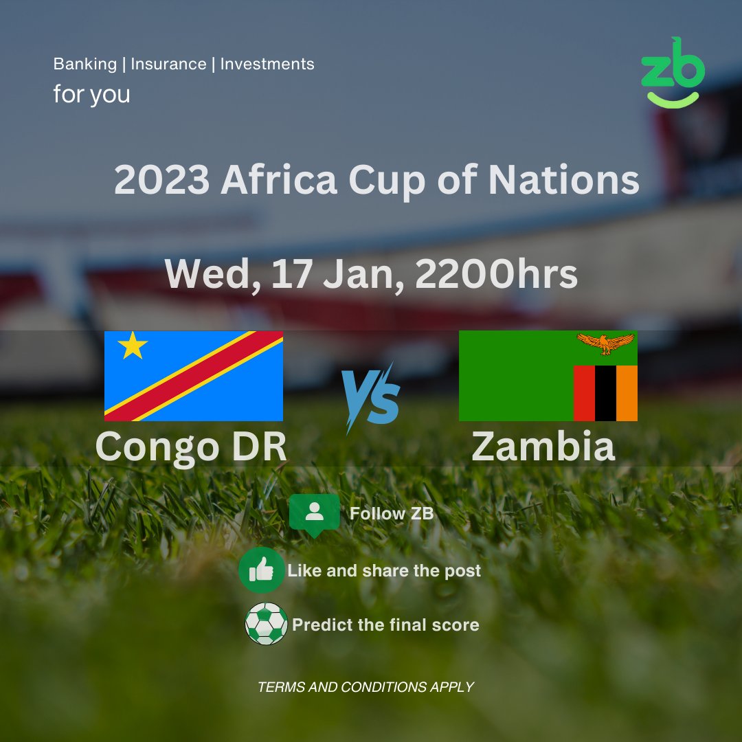 Correctly predict the final score for Congo DR VS Zambia before kick-off &amp; stand a chance to win some incredible prizes.

NB: The submission deadline is before the kick-off time. 

#zbforyou #Afcon2023
