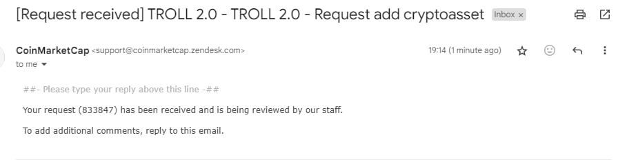 Troll2ERC20's tweet photo. We are from the TROLL 2.0 Community request to
@CoinMarketCap

$TROLL 2.0 can be listed by CoinMarketCap

(Request Number #833847)

#Coinmarketcap #TROLL20 https://t.co/xPtlaly0i7