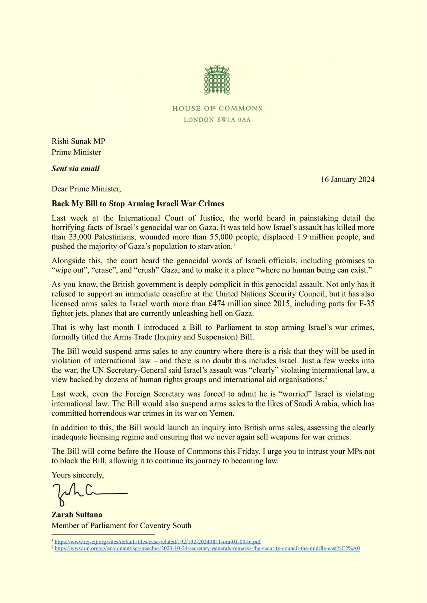 The British government is deeply complicit in Israel's genocidal war on Gaza, including through arms sales to Israel.

That's why I introduced a Bill to suspend these sales, which returns to Parliament on Friday.

My letter to Rishi Sunak, urging him to stop arming war crimes: