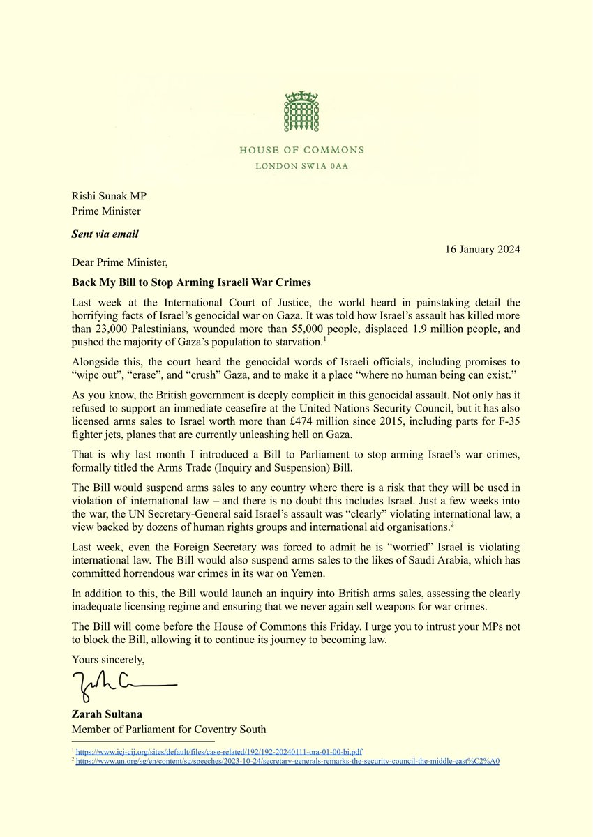 The British government is deeply complicit in Israel's genocidal war on Gaza, including through arms sales to Israel. That's why I introduced a Bill to suspend these sales, which returns to Parliament on Friday. My letter to Rishi Sunak, urging him to stop arming war crimes: