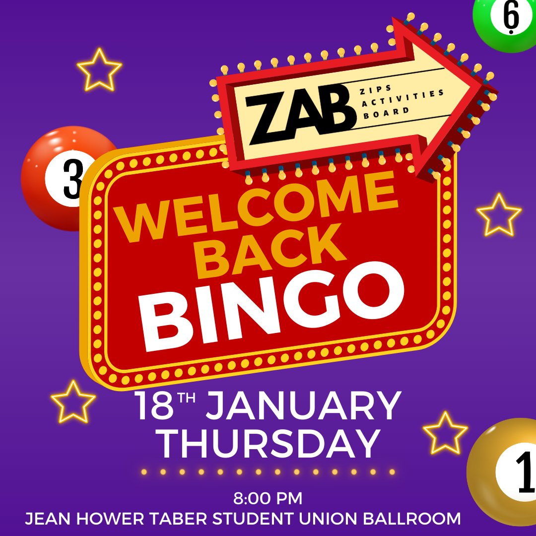 UAkronZAB's tweet photo. BINGO IS BACK!! And the prizes are better than ever! Join ZAB this Thursday at 8pm in the Jean Hower Taber Student Union Ballroom for a chance to win amazing prizes. The prizes include a bean bag chair, ice maker, Stanley cup, smart notebook, beats earbuds, smart glasses &amp; more! https://t.co/1vtRbGywX4