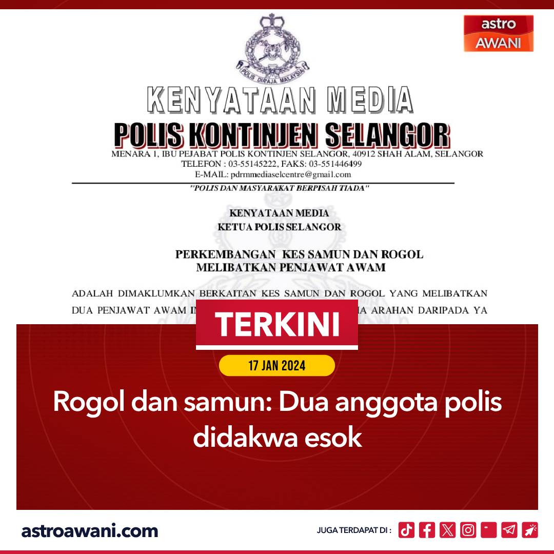 501Awani's tweet photo. Dua anggota polis yang dipercayai terlibat merogol dan menyamun penuntut kolej swasta baru-baru ini akan didakwa di Mahkamah Ampang pada Rabu.

Ikuti berita terkini di https://t.co/HapRkhNisD

#AWANInews https://t.co/5yOQsiXsM2