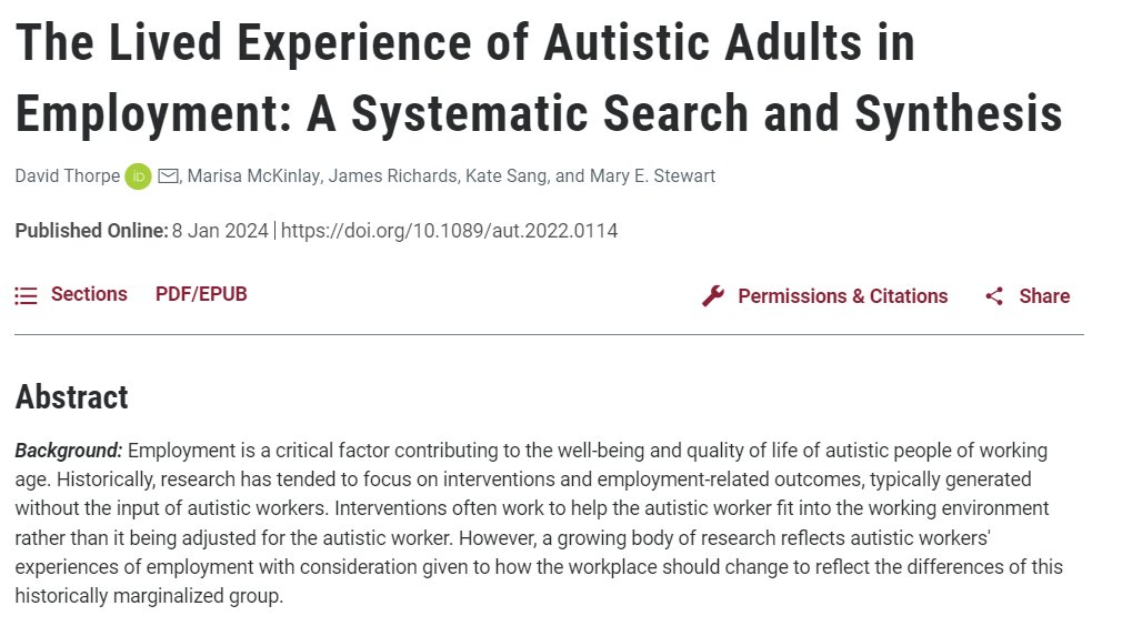 Autism In Adulthood (@autismadulthood) on Twitter photo “Lived experience of autistic adults in employment”: systematic review & synthesis by David Thorpe argues that the voices of autistic workers should be prioritised in designing work environments <a href="/katesang/">Kate Sang 🐘🐝</a>
<a href="/MaryStewartEd/">Mary Stewart</a>
NEW, FREE to 23 Jan:
liebertpub.com/doi/10.1089/au… “Lived experience of autistic adults in employment”: systematic review & synthesis by David Thorpe argues that the voices of autistic workers should be prioritised in designing work environments <a href="/katesang/">Kate Sang 🐘🐝</a>
<a href="/MaryStewartEd/">Mary Stewart</a>
NEW, FREE to 23 Jan:
liebertpub.com/doi/10.1089/au…