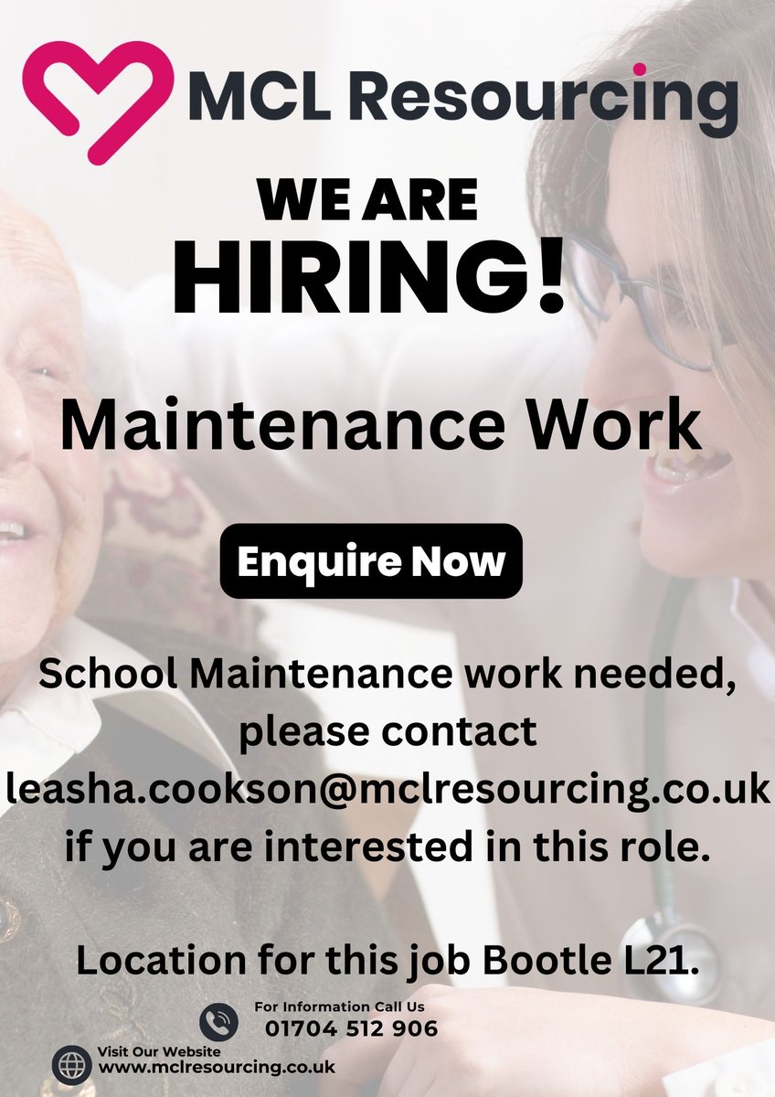 MCL_Resourcing's tweet image. 💗We are hiring💗
Maintence work is needed in the Bootle Area. 

Please get in touch if this is something your interested in😁

Call us on 01704 512 906
Email enquiries: leasha.cookson@mclresourcing.co.uk