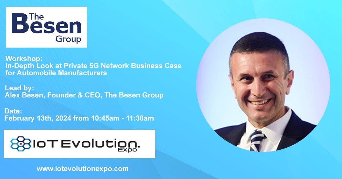 Register for The Besen Group’s Private 5G Workshop on Tuesday February 13th from 10:45am – 11:30am at IoT Evolution Expo 2024 in Fort Lauderdale, FL. For registration, visit: iotevolutionexpo.com/east/ #5G #private5G #privatewireless #industry40 #manufacturing