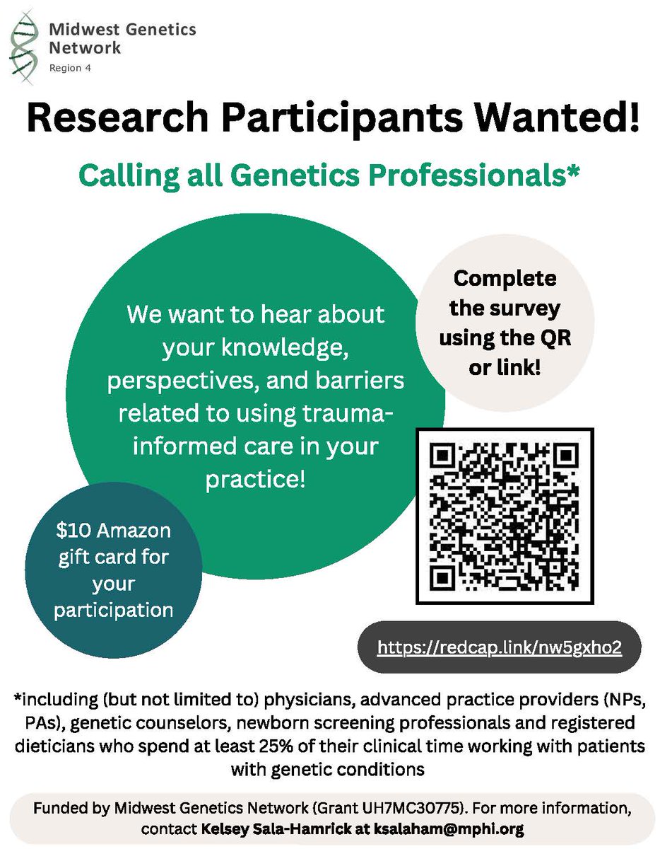Research participants wanted! Genetics professionals: We want to hear about your knowledge, perspectives and barriers related to using trauma-informed care in your practice. See the flyer below for more information. To complete the survey visit, rb.gy/6a2bkf
