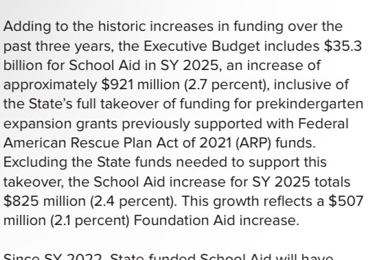Greg_Berck's tweet photo. Highlights from governor budget presentation. Still need legislation to fully analyze. 
1.  2.4 percent increase in traditional school aid with 2.1 percent in foundation aid https://t.co/kIimkt8ecn