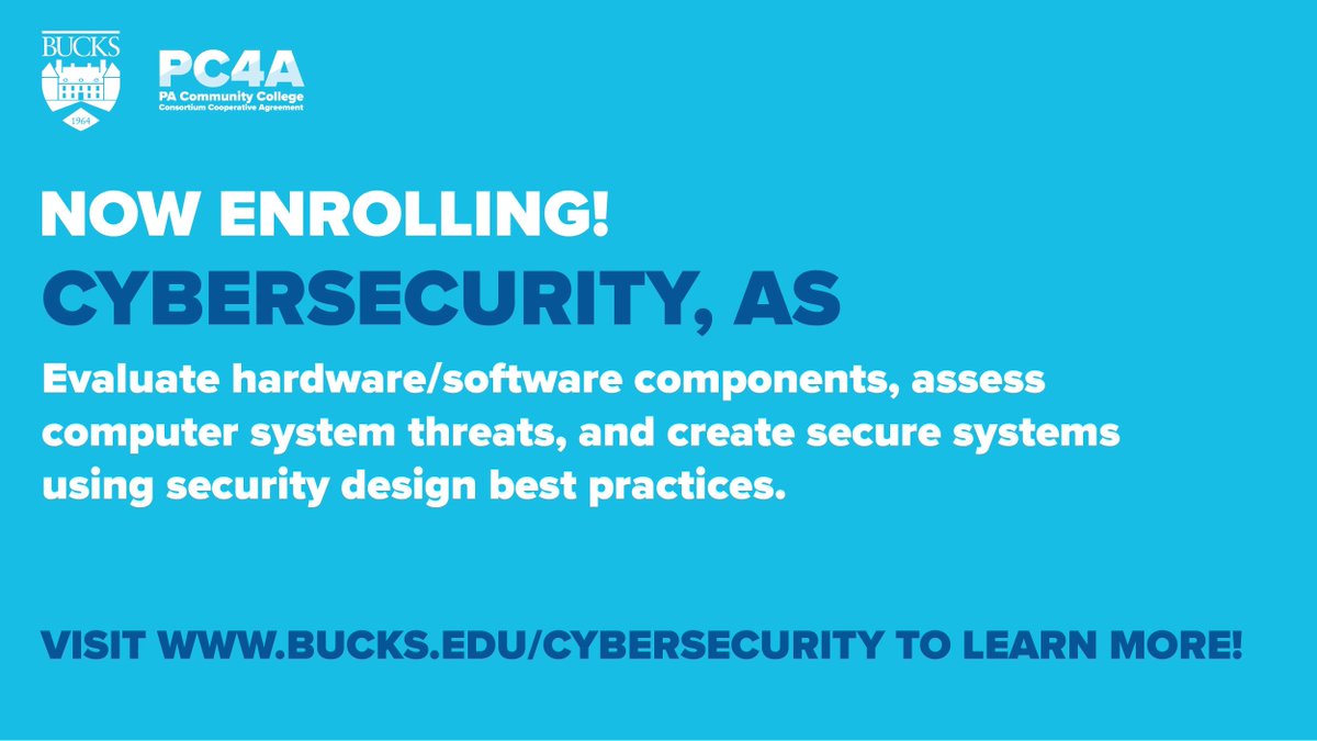 PC4ASTEM's tweet photo. Our partner @Bucks_edu is enrolling in the Cybersecurity AS degree!  If you're interested in an exciting career, consider applying today at https://t.co/MKWW81Lhht!  Many benefits including free certification exams and financial assistance are available through PC4A! https://t.co/Wrva482IxC
