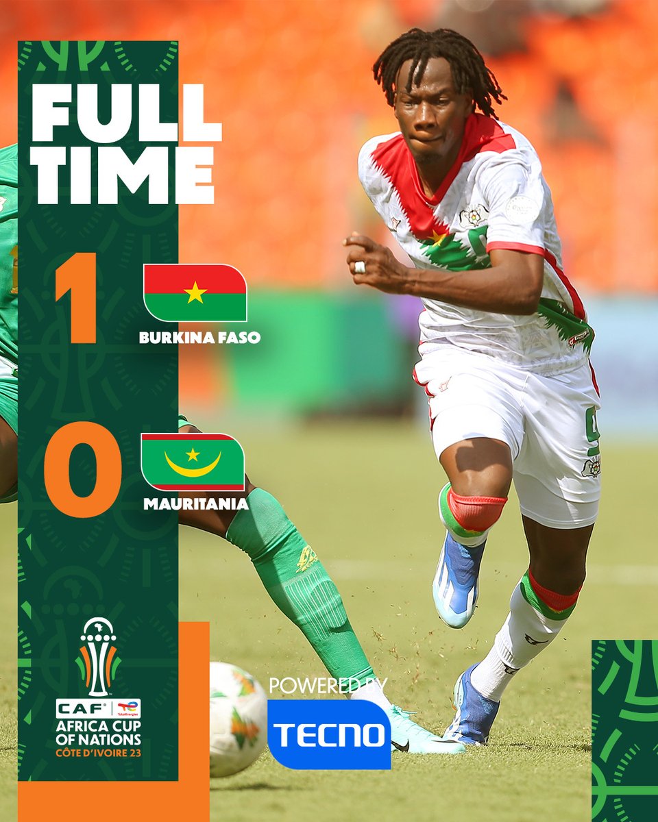 CAF_Online's tweet photo. ⌚ FULL-TIME!
Burkina Faso snatches the 3 points in the dying moments, thanks to Bertrand Traore's late goal!
#BFAMRT | #TotalEnergiesAFCON2023 https://t.co/J1lqMryoc9
