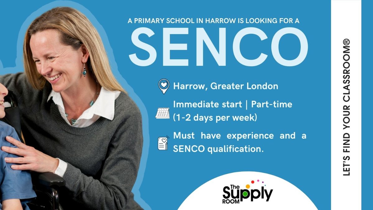 📌 A Primary School in Harrow is looking for a SENCO for a part-time role (1-2 days per week).
Immediate start.
The ideal candidate must have experience and a SENCO qualification. 

To find out more and apply, visit: sencoforum.com/sen-opportunit…