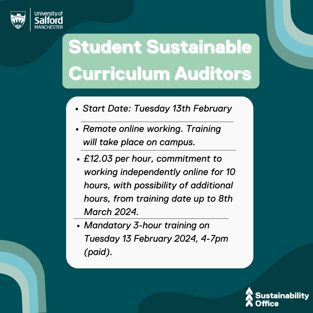 UoS_Sustain's tweet photo. Calling all @salforduni students!📢

We have some exciting paid roles available - Student Sustainable Curriculum Auditors!💚

Look below for more details!✅

👉Apply &amp; find out more here: https://t.co/LkFwqW5zAX https://t.co/RT90ZYg0qg