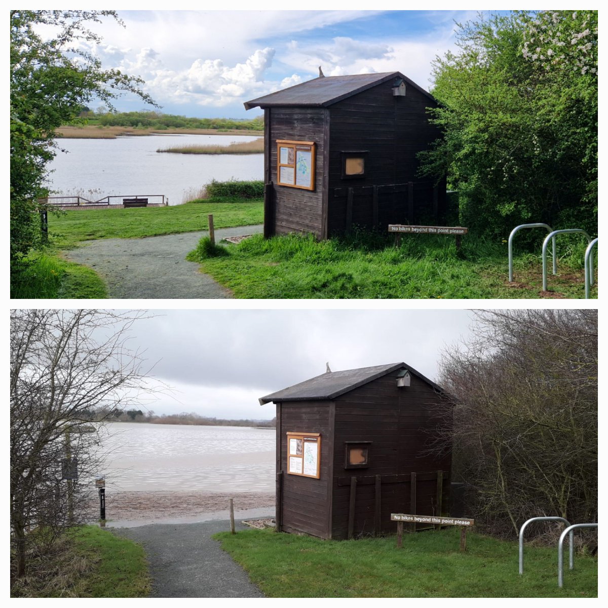 Reserve still closed, but water levels have dropped by 3 metres. Outer perimeter footpath can now be walked, but watch out for debris around Phase 3 & the downed fence on NE edge of Phase 1. 31 dunlin, GW egret & 6 goosander reported today. Photo comparing before & during flood