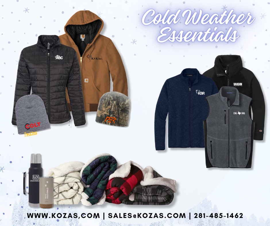 Stay safe and warm out there! ❄
What can we customize for you?
#KozasInc #coldweathergear #promo #onestopshop #customproducts #promotionalproducts #screenprinting #laserengraving #art #design #banners #uniformprograms #licensedproducts #onlinestores #safetyincentives