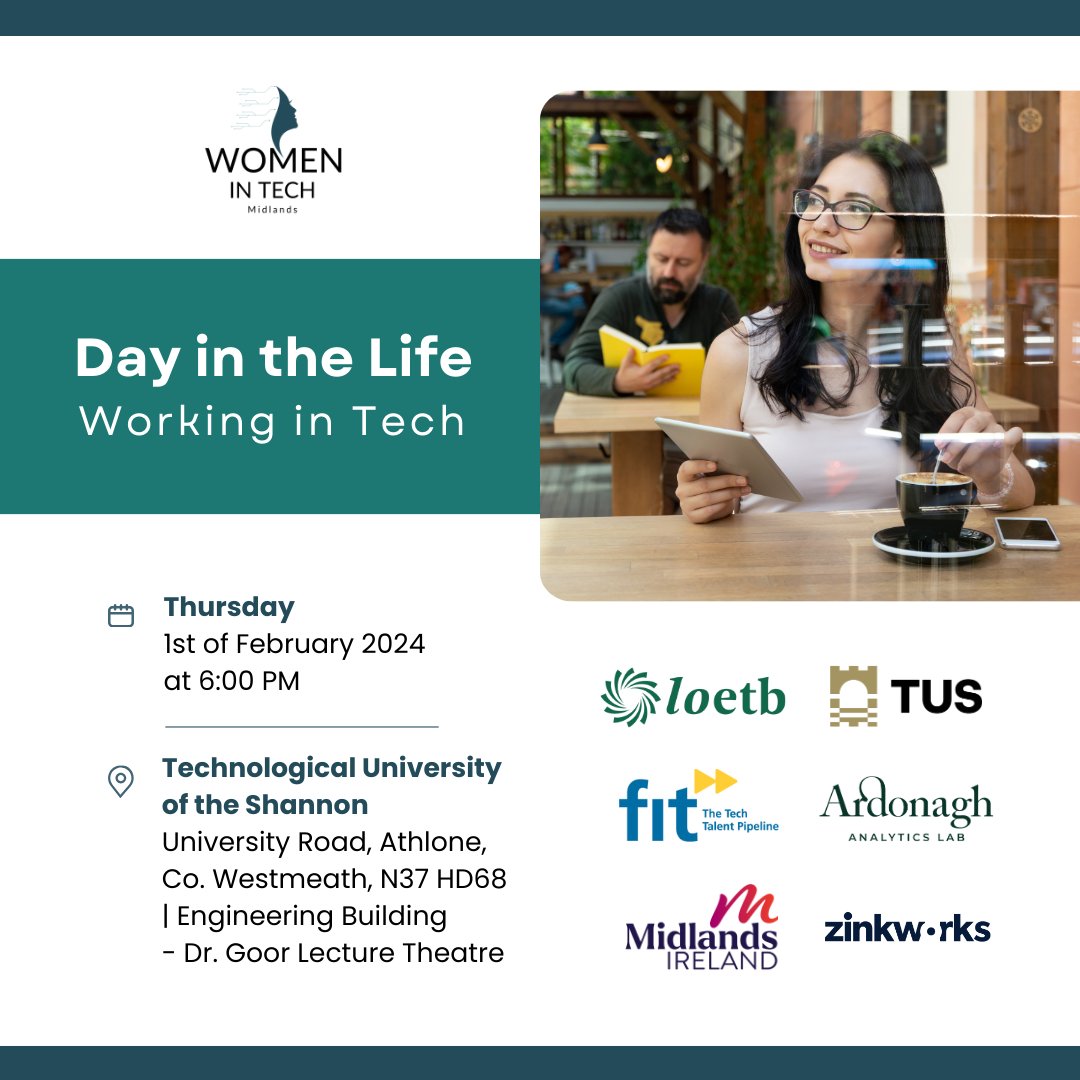 MidlandsIreland's tweet photo. New Year, New Career? Midlands Women in Tech are holding a 'Day in the Life' Working in Tech event on Thursday Feb 1st in @TUS_Athlone_  
An excellent opportunity for women looking to change their careers, upskill or reskill into the tech industry in the Midlands #MidlandsICT https://t.co/BvhMkIkgGL
