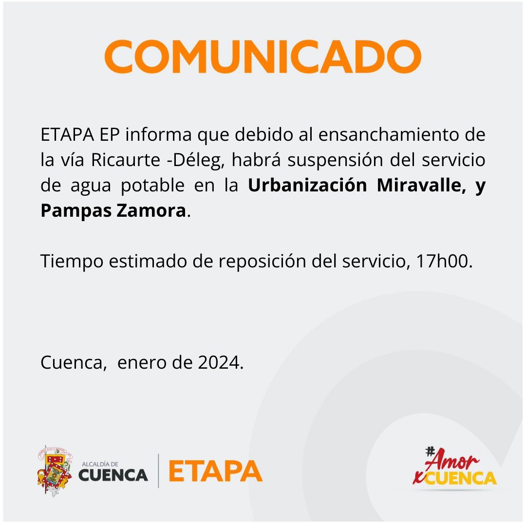 🟠Comunicado importante 💦 Suspensión temporal del servicio de agua potable en la Urbanización Miravalle y Pampas Zamora 📌