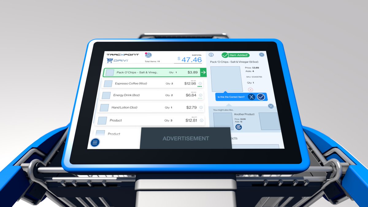 tracxpoint's tweet photo. @NRFBigShow @IntelInsider Powered by #AI #SmartCarts like #Daivi, advertising and smart coupons will be offered right on the cart itself with Savings auto-applied to the basket, and everything personalized to the individual shopper. #itshappening #nowaste NRF Booth #460 - come see https://t.co/q8xnNCcMAX