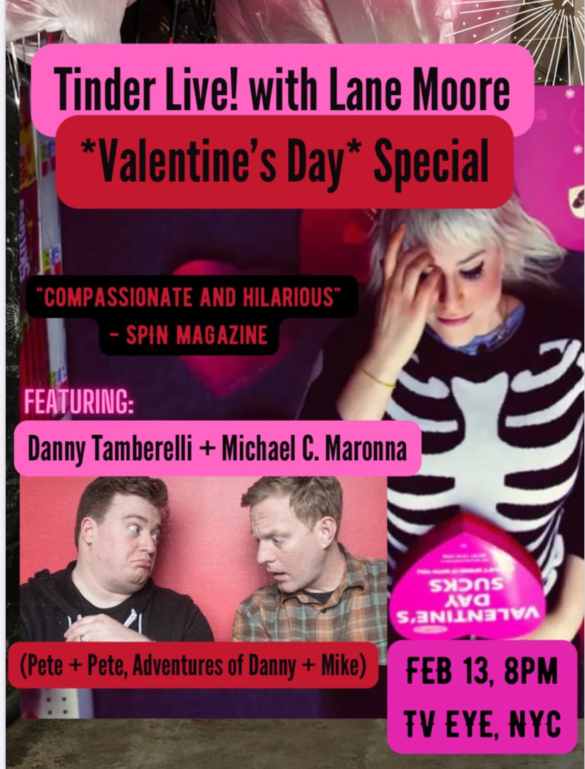 🚨PSA: Your Valentines Day/Galantines Day plans are here!!!🚨 Feb 13, 8pm, at TV Eye in NYC with Danny Tamberelli + Michael Maronna, aka Pete + Pete, two of my favorite funny people swiping live through dating app hell. Tickets are up now, go get 'em!!🫣😍wl.seetickets.us/event/tinder-l…